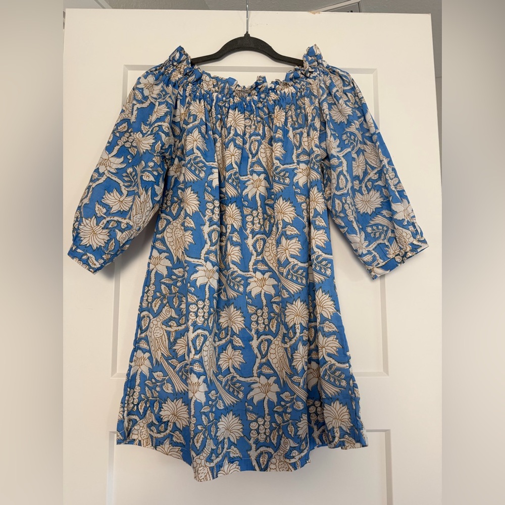 NWT‎ Holly Shae Designs Coastal Blue Toile Off-The-Shoulder Ruffle Top, Large